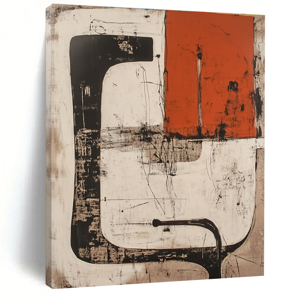 Abstract artwork in white and red featuring collage shapes lines black pipes and an orange rectangle with a silhouette on a light brown ink wash background.STSC845