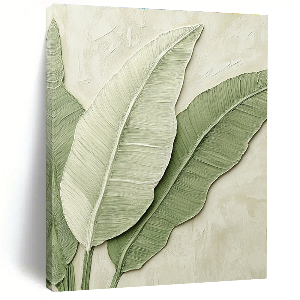 A large abstract painting of banana leaves in light green tones on a beige background, perfect for enhancing any modern space.STSC002