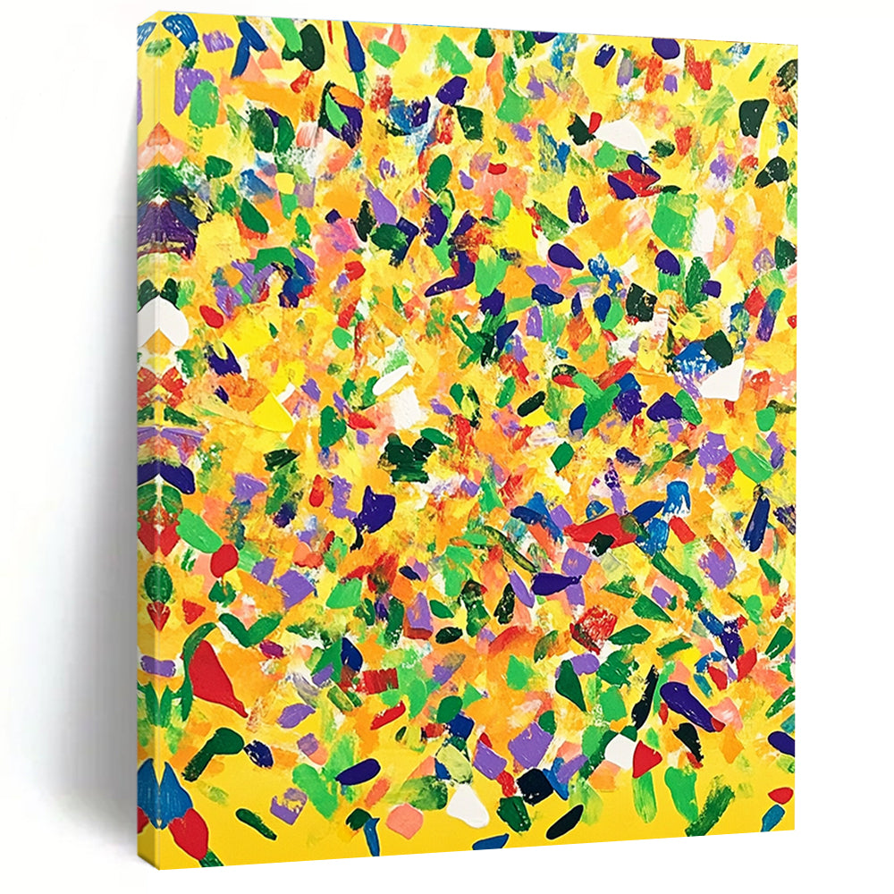 Large abstract painting with a yellow background and colorful confetti in joyful patterns, oil on canvas from the My Caverns series.STSC1269