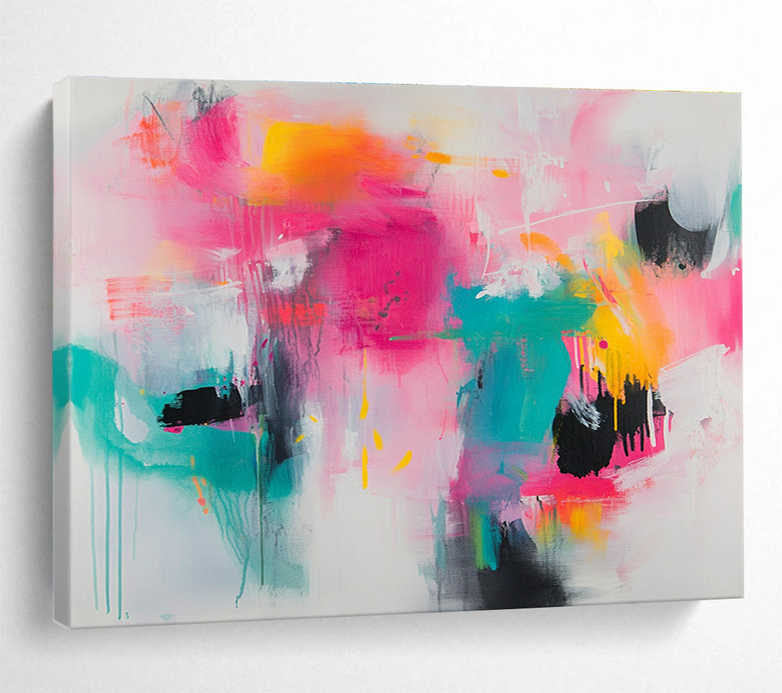 Large abstract painting featuring vibrant splashes of pink teal and yellow on a white background with loose brushstrokes and chaotic shapes.SC387