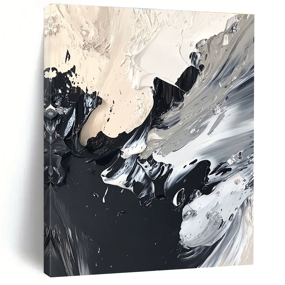 Abstract painting featuring black and white acrylics with organic textures and swirling patterns created using the wet-on-wet technique.STSC1277