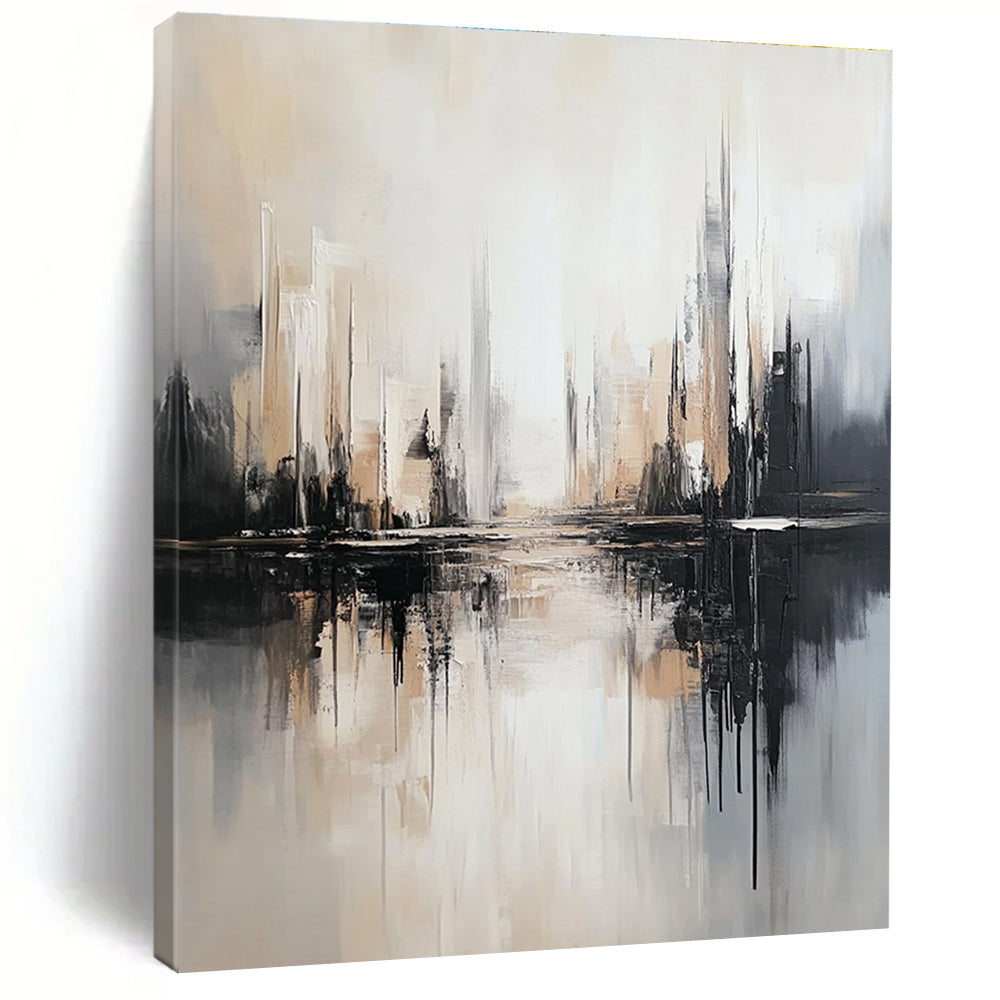 Large abstract artwork on canvas featuring neutral gray and light brown tones with a striking black and white cityscape backdrop.STSC1352