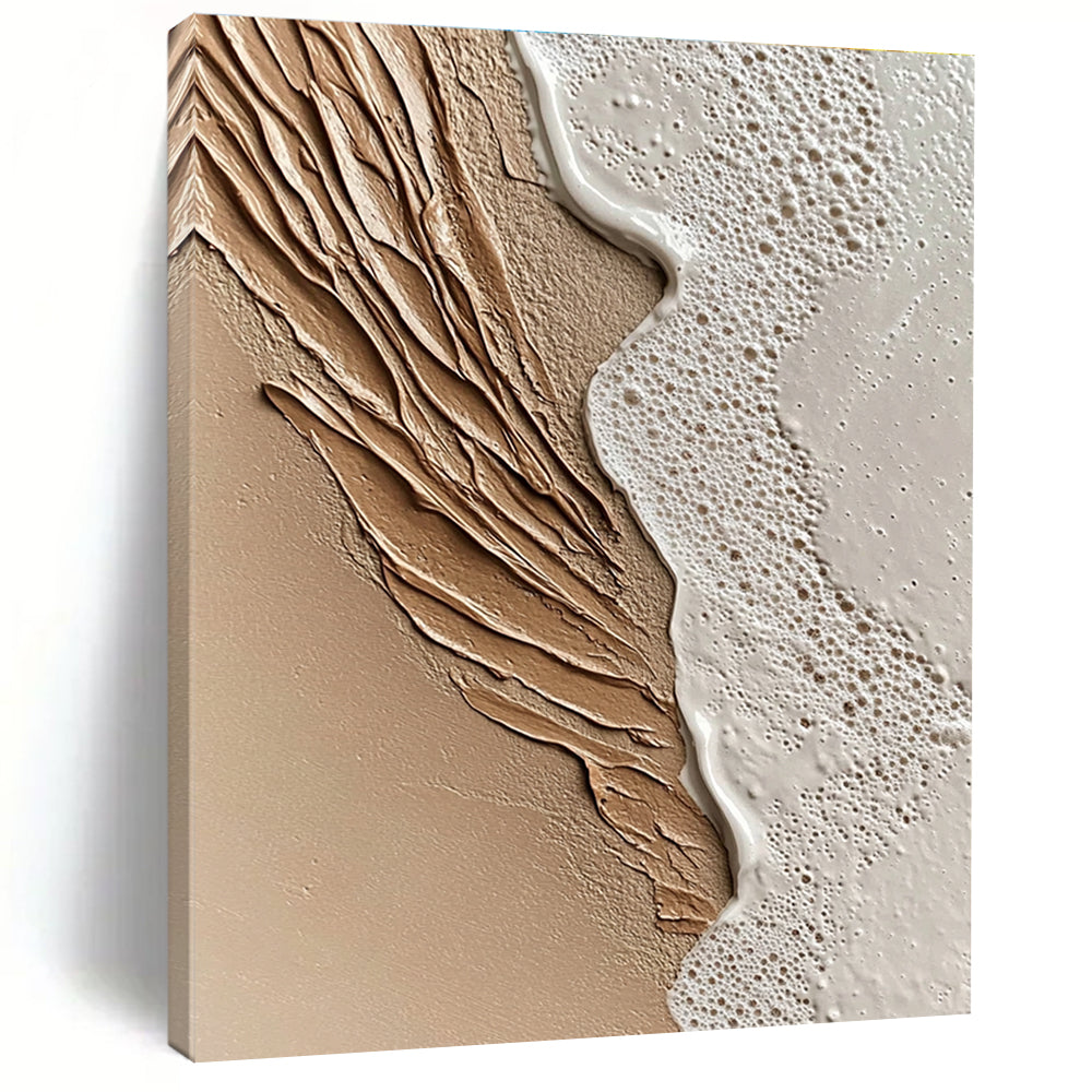 An abstract painting capturing close-up sand and serene waves at sunset featuring intricate details and a soothing beige color scheme.STSC943