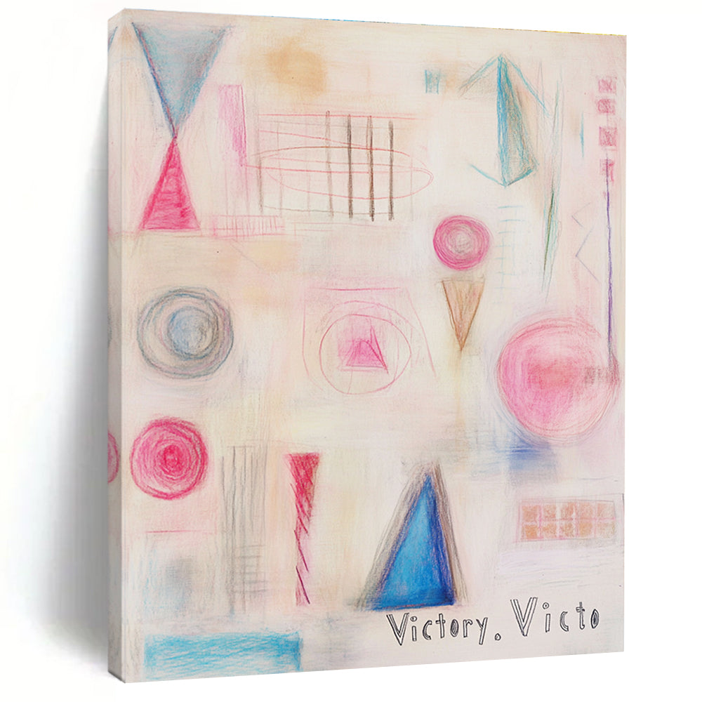 Large abstract painting featuring geometric and organic shapes in pink and blue with a soft texture and delicate color palette.STSC1205