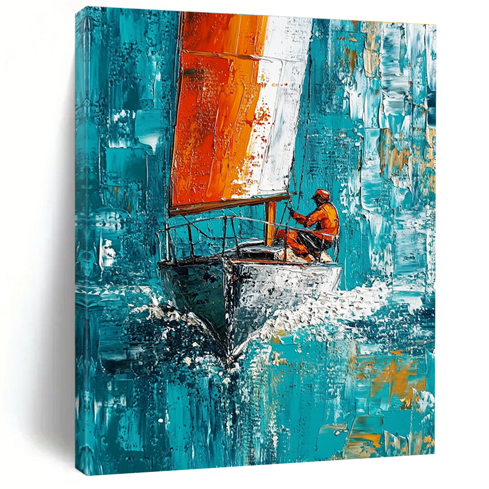 Large abstract painting featuring a sailboat with white and red stripes sailing swiftly on turquoise waters under a blue sky.STSC1418