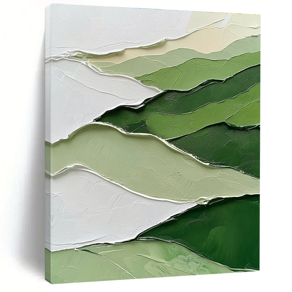 Large abstract painting featuring a green and white mountainous landscape with thick impasto strokes for a textured artistic impact.STSC1005