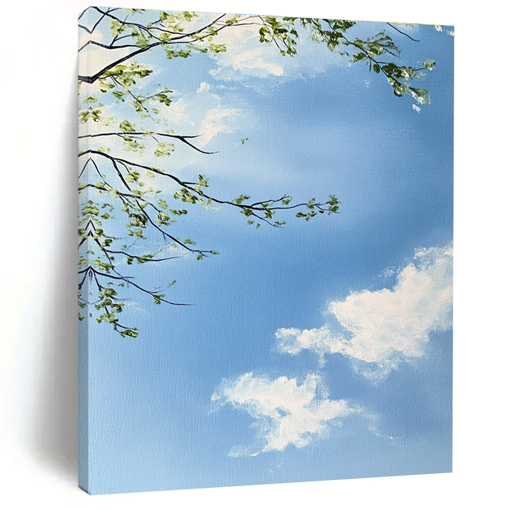 A large abstract painting capturing a serene sky with branches and leaves featuring delicate brushstrokes and soft colors for a tranquil atmosphere.STSC1195
