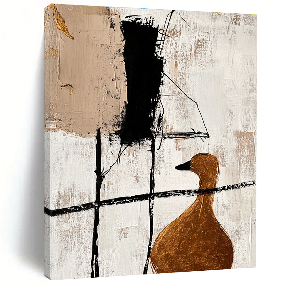 Large abstract painting featuring minimalist black lines and gold foil accents with a close-up of a golden goose in a beige color scheme.STSC466