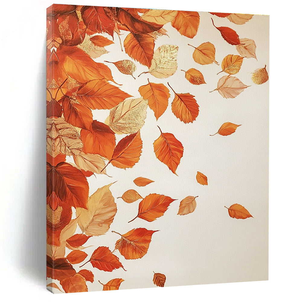 Large abstract painting of falling autumn leaves in Caravaggio style with gold leaf highlights on a white background.STSC1125
