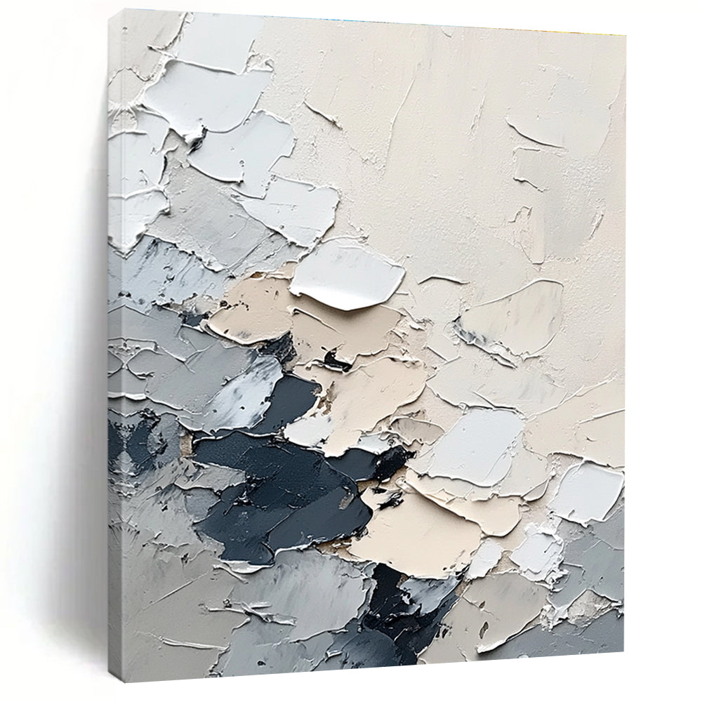 Large abstract painting of snow in grey and white with depth and texture created using a palette knife and a bird's-eye view perspective.STSC567
