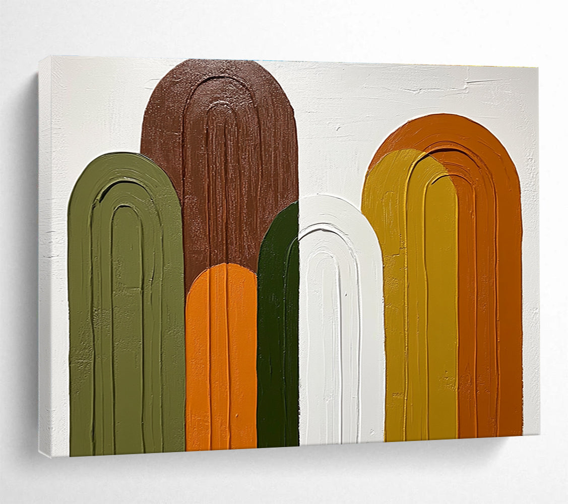 Large abstract painting featuring arches in shades of green brown and orange on a white background with simple colorful shapes.SC590