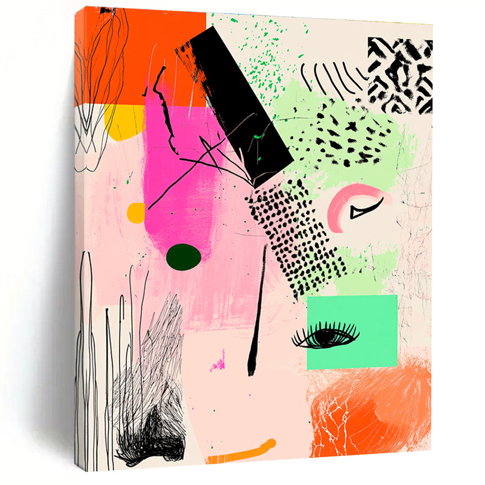 Large abstract artwork featuring pink and green shapes with geometric line art and black ink illustrations on a warm light orange background.STSC982