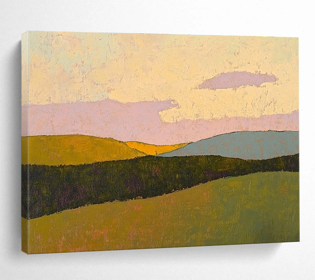 Large abstract painting in pastel colors showcases rolling hills under a sunset sky with textured impasto technique on paper.SC578