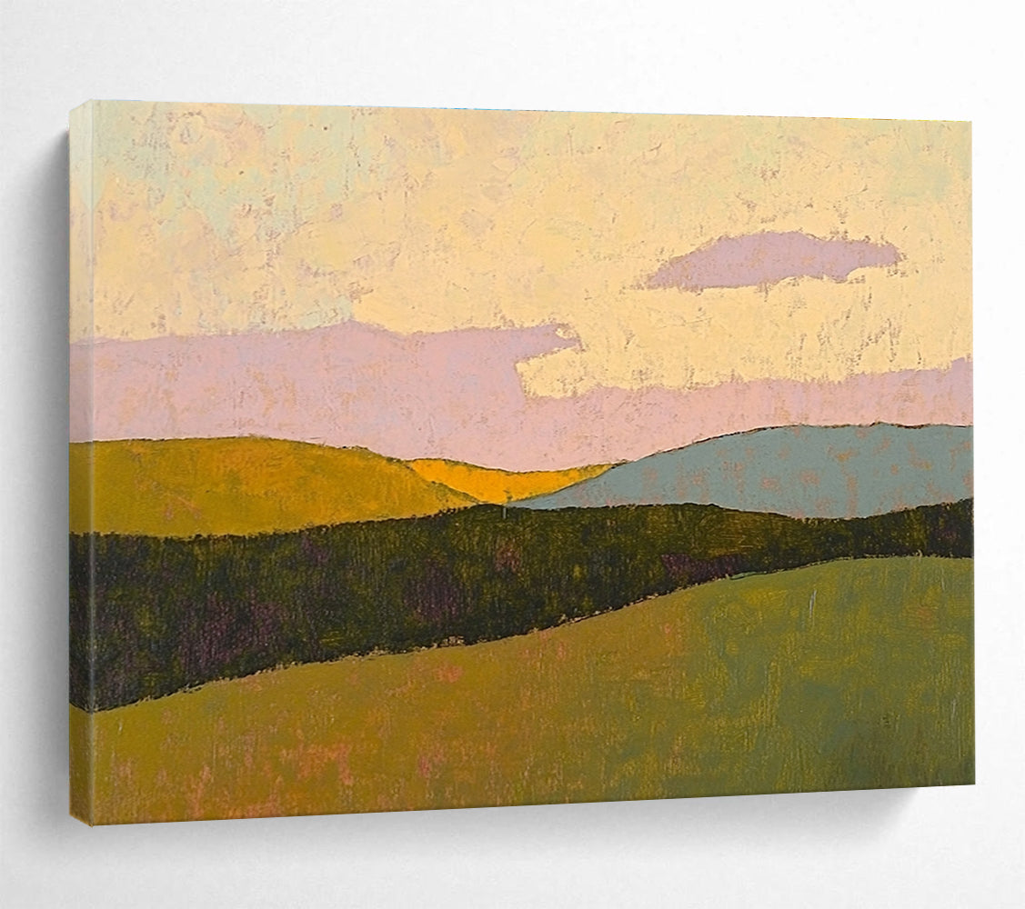 Large abstract painting in pastel colors showcases rolling hills under a sunset sky with textured impasto technique on paper.SC578