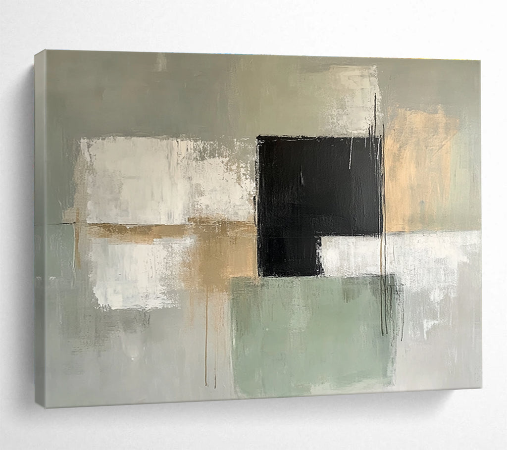 Gray and Green Abstract Painting with Geometric Forms DYP369
