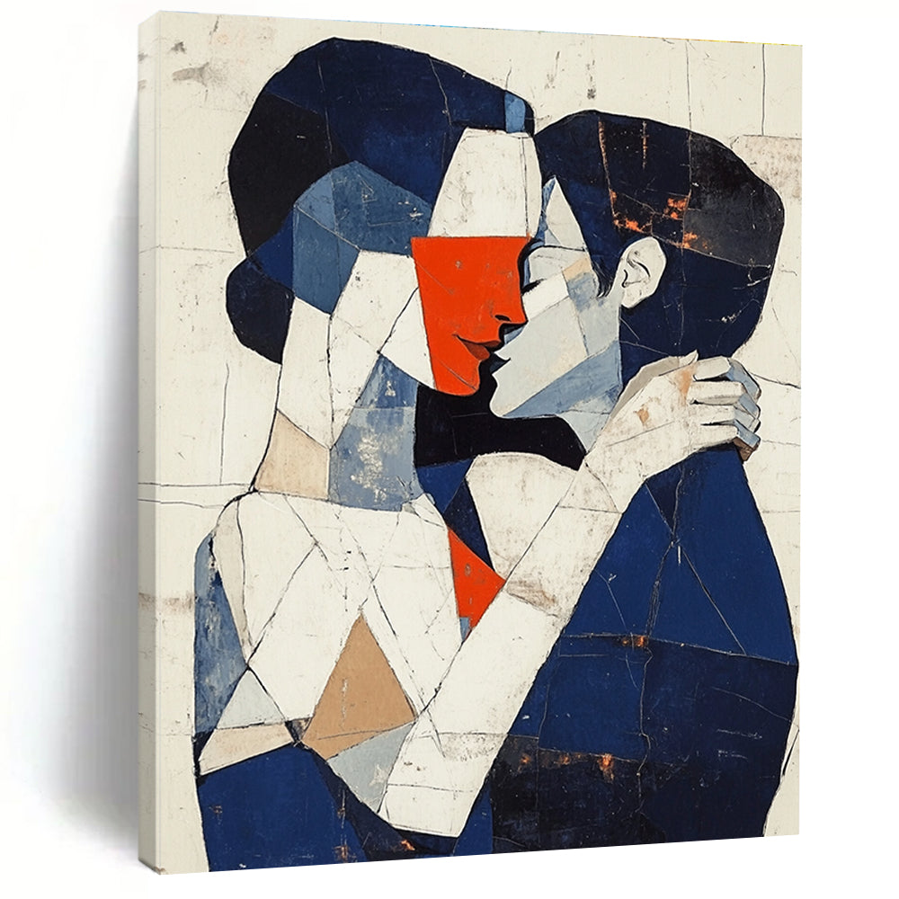 Abstract painting of a man and woman embracing in dark blue white and red tones with deconstructed tailoring and minimal background.STSC1055