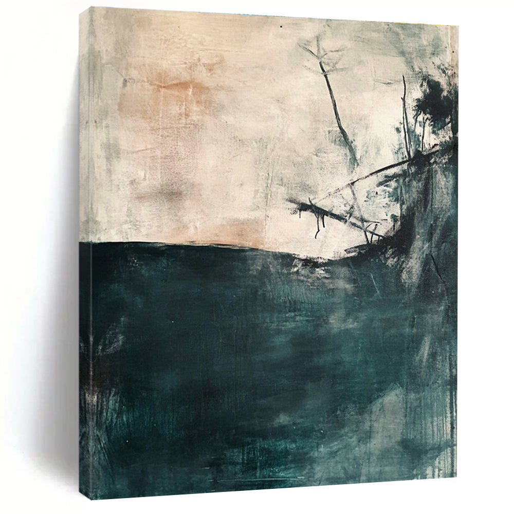 Large abstract painting depicting an underwater scene in soft gray and teal tones with minimalistic loose brushwork and neutral colors.STSC276