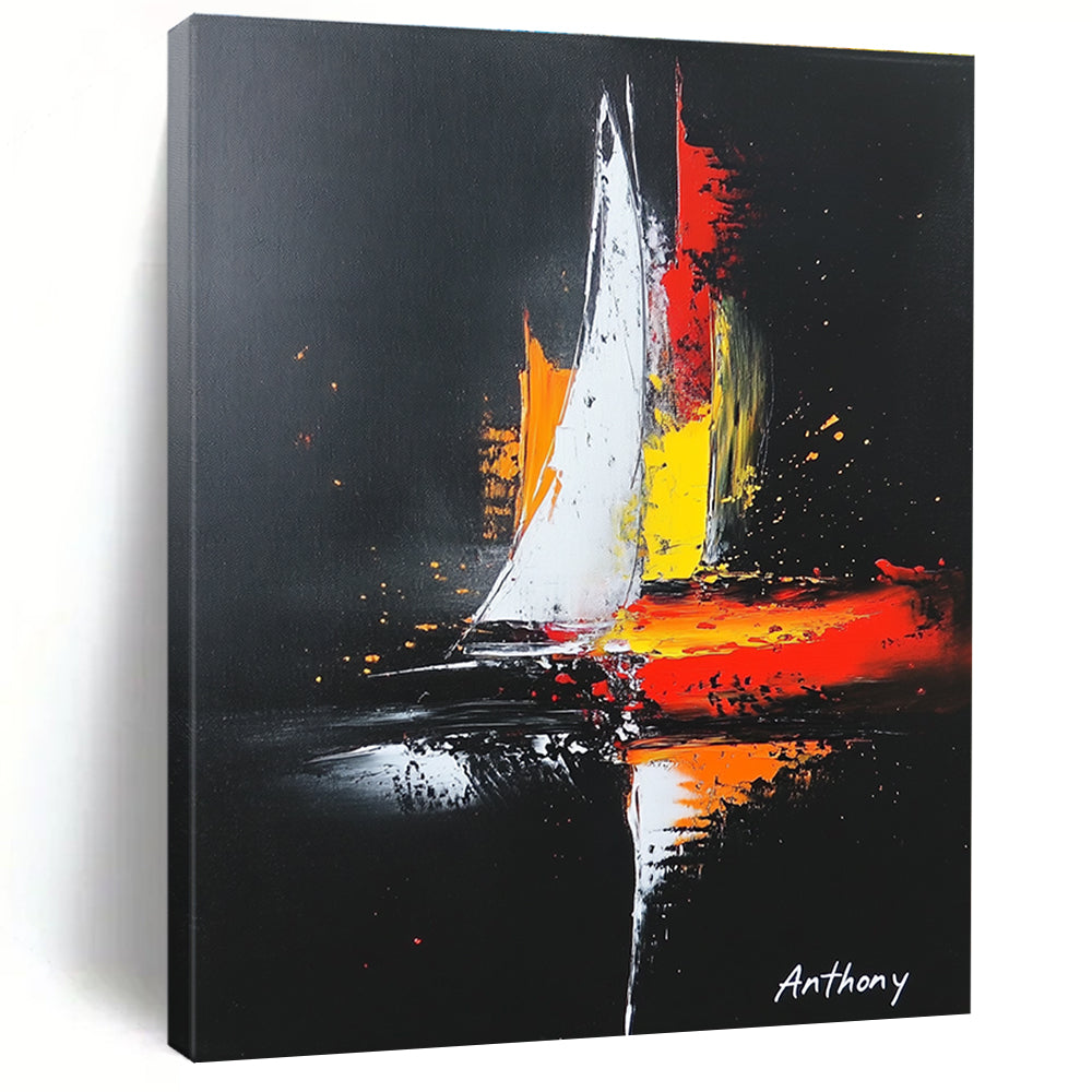 Large abstract painting featuring a sailboat on a black background with white highlights and vibrant red yellow and orange accents in a minimalistic style.STSC815