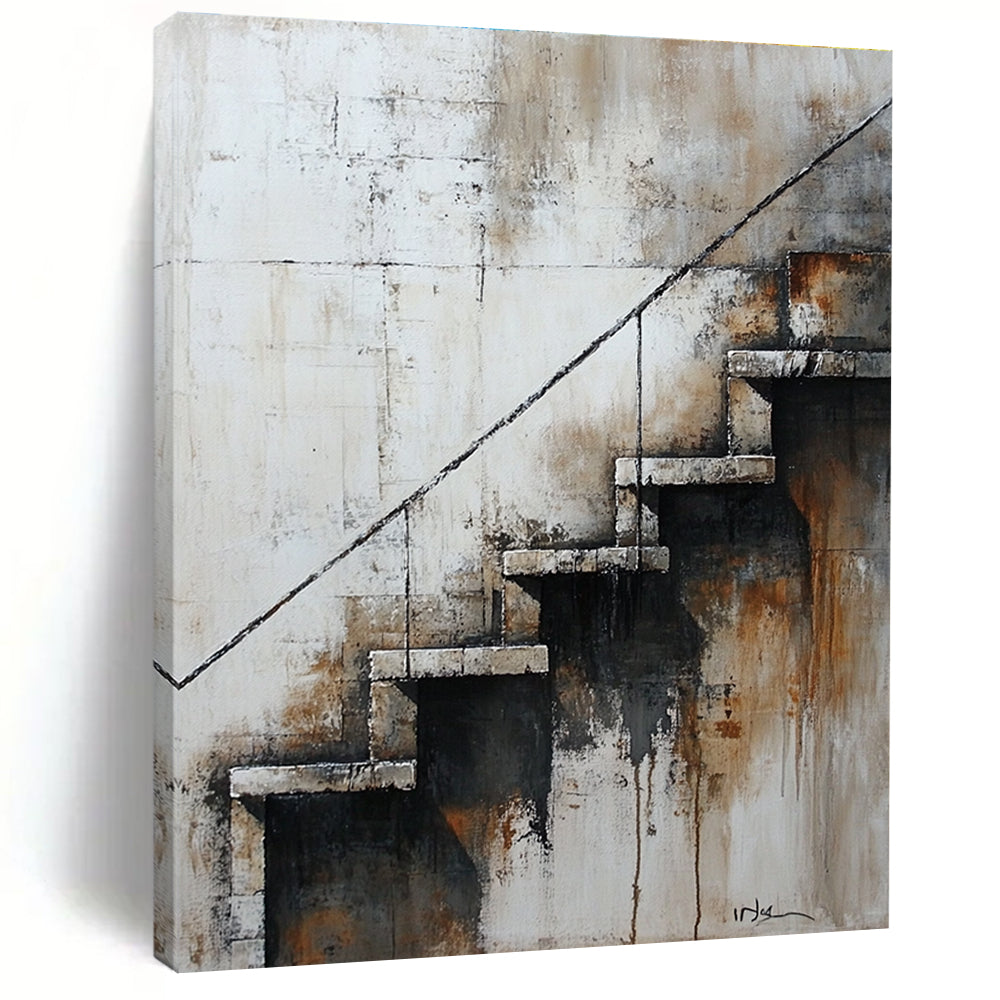 Large abstract painting of stairs in neutral tones featuring aged textures muted palette and nostalgic urban atmosphere.STSC194