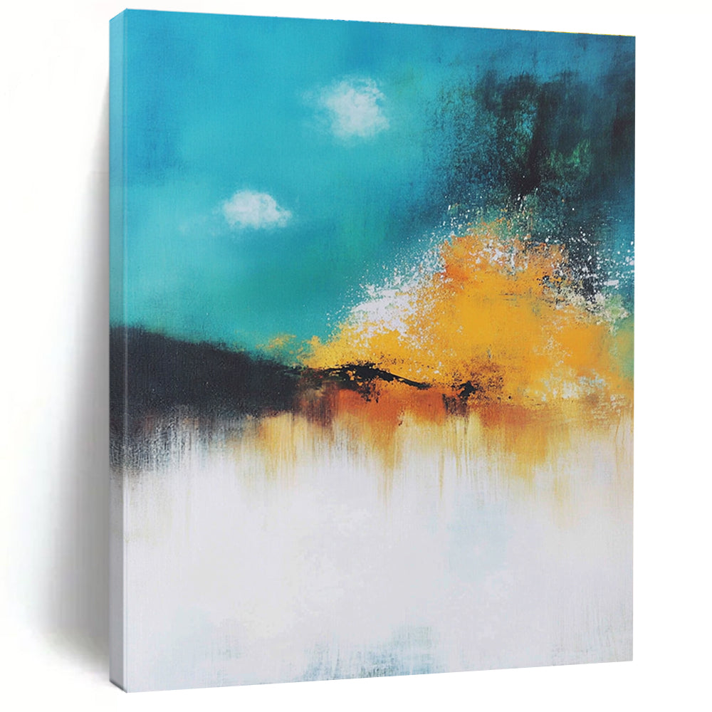 Large abstract painting of a serene explosion in pastel teal and yellow with soft smoke rising and a vintage hand-drawn feel.STSC643