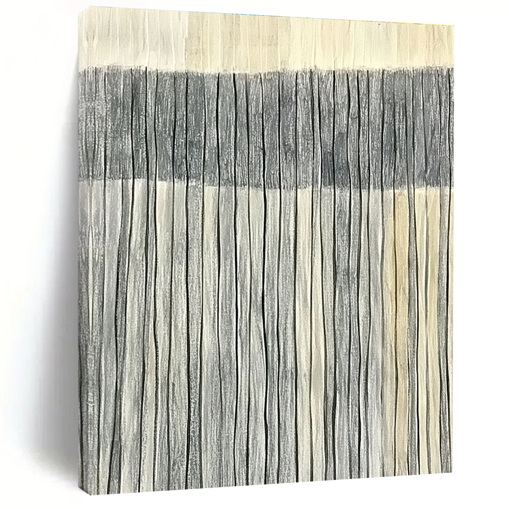 Large abstract painting of harmonious gray and white stripes on a light sandstone backdrop symbolizing luxury and elegance in minimalist design.STSC1121