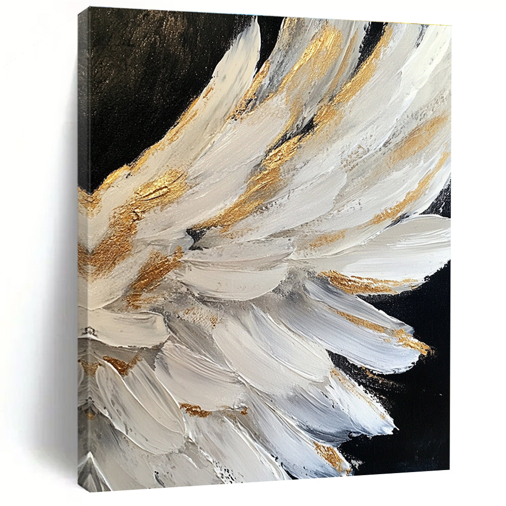 Large abstract painting of white angel wings with gold accents on a black background featuring heavy brush strokes and palette knife work.STSC006