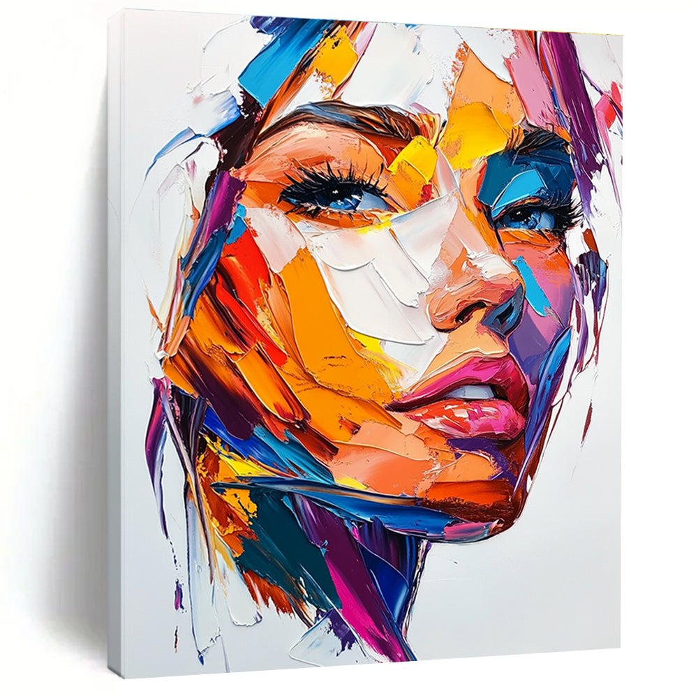 Large abstract painting of a woman's face featuring vibrant colors bold brush strokes and intense emotion on a white background.STSC457