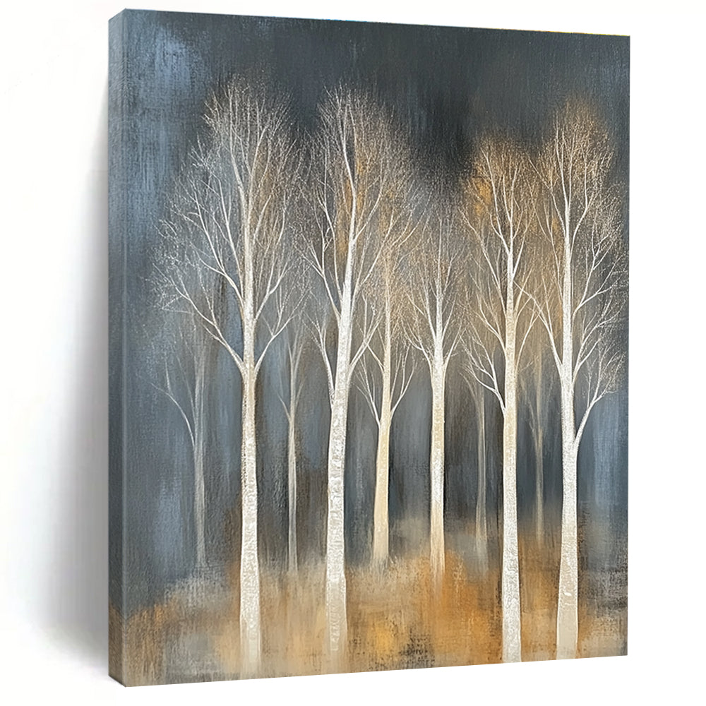 Large abstract painting featuring trees with white branches on a textured canvas in muted tones against a dark gray background.STSC353