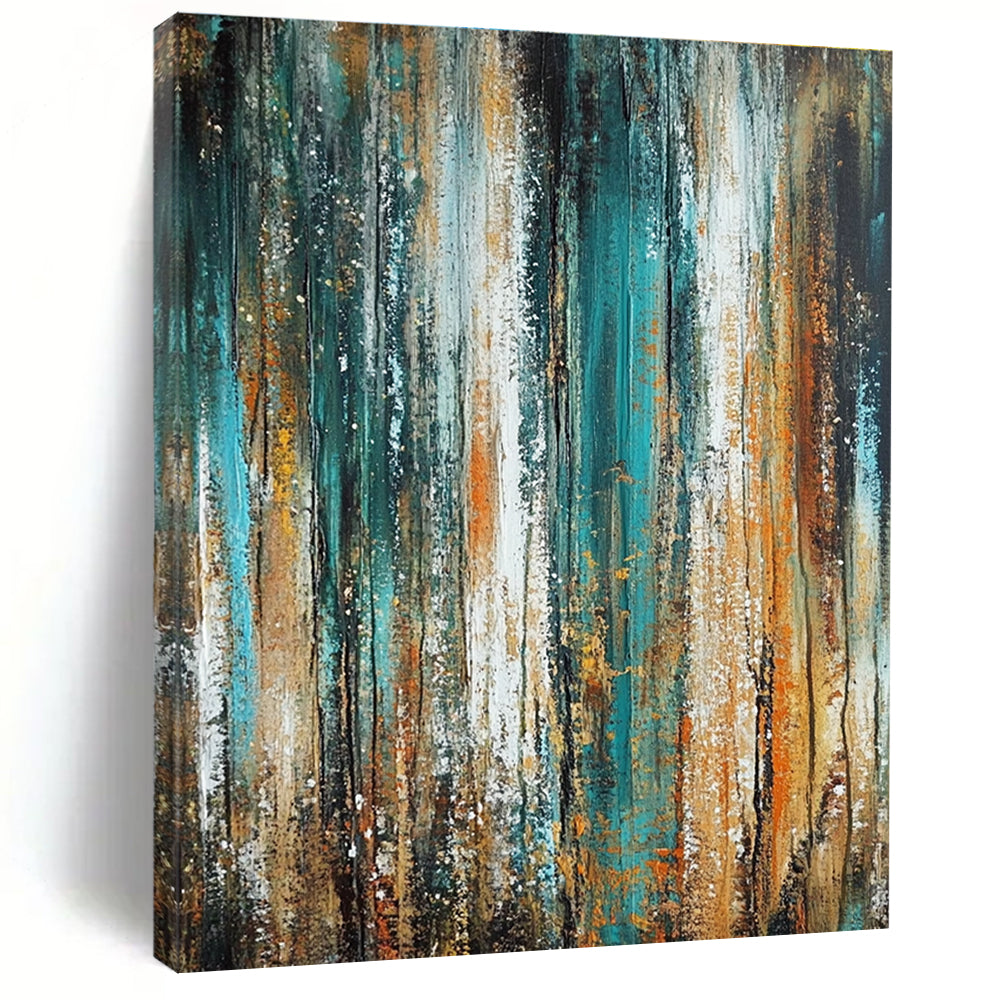 Large abstract oil painting featuring vertical textures in green and blue with brown and orange accents in a vintage style.STSC205
