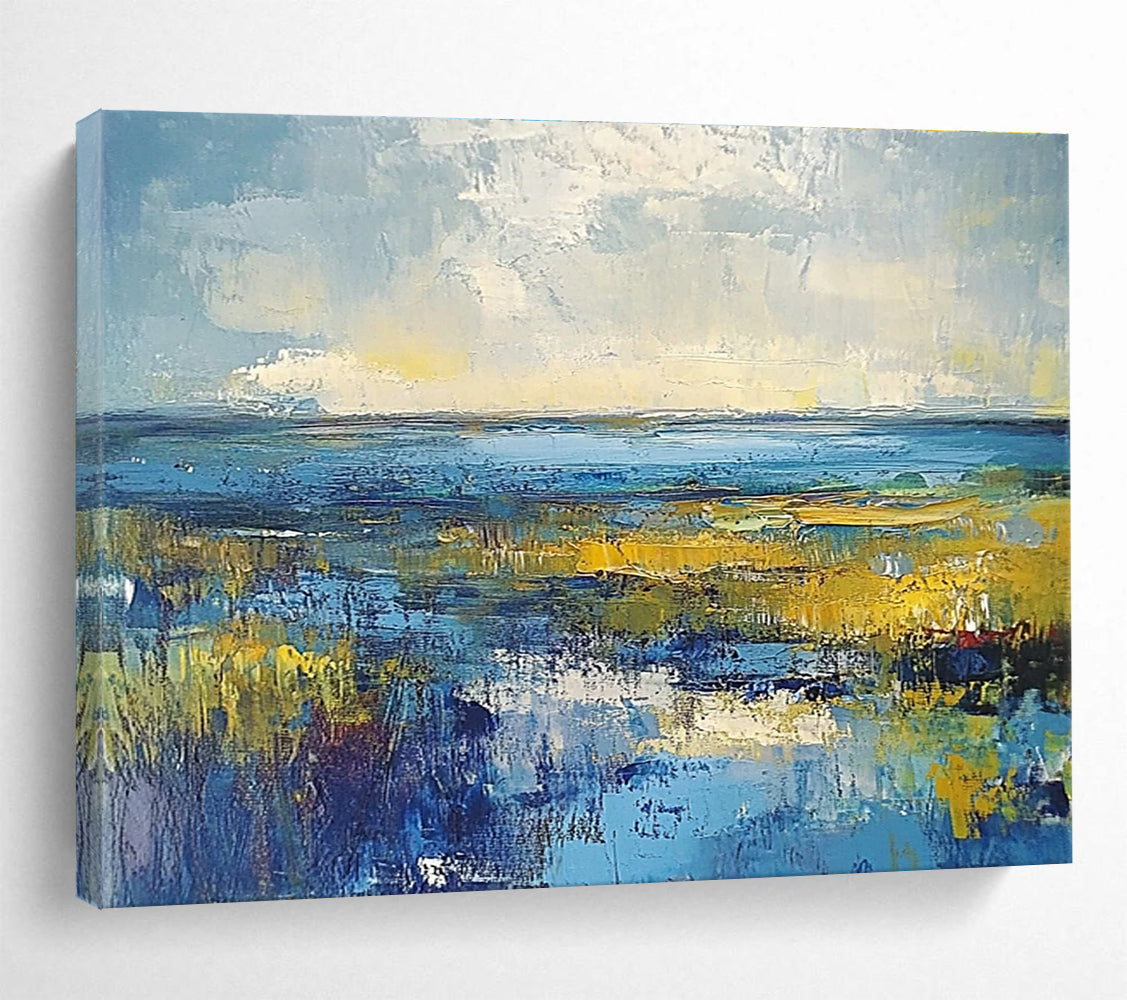 Vibrant Marshland Abstract Painting with Blues and Yellows DYP232