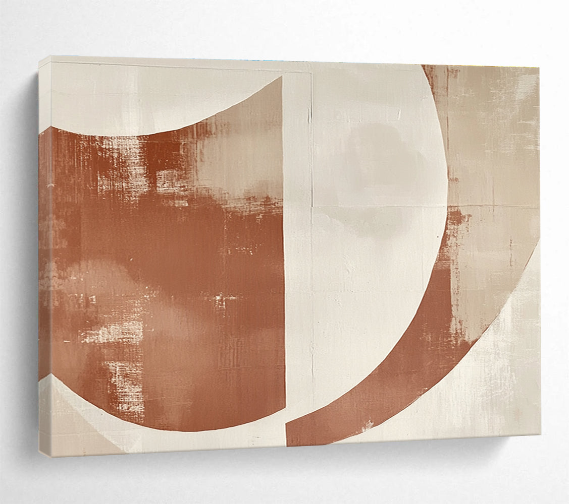 Large abstract painting with overlapping terracotta and cream half-circles on textured paper, modern simplicity with space for text.SC441