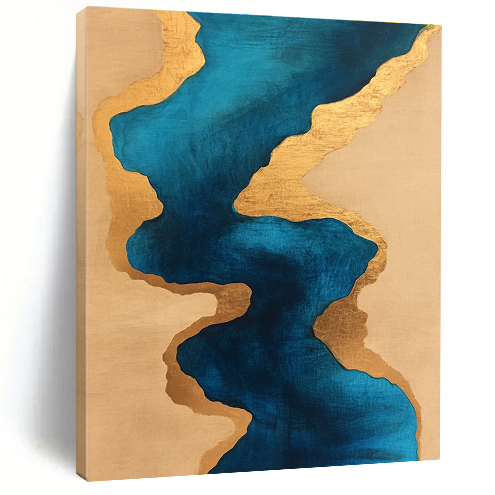 Blue and Gold Fluid - Shaped Abstract Painting GER234