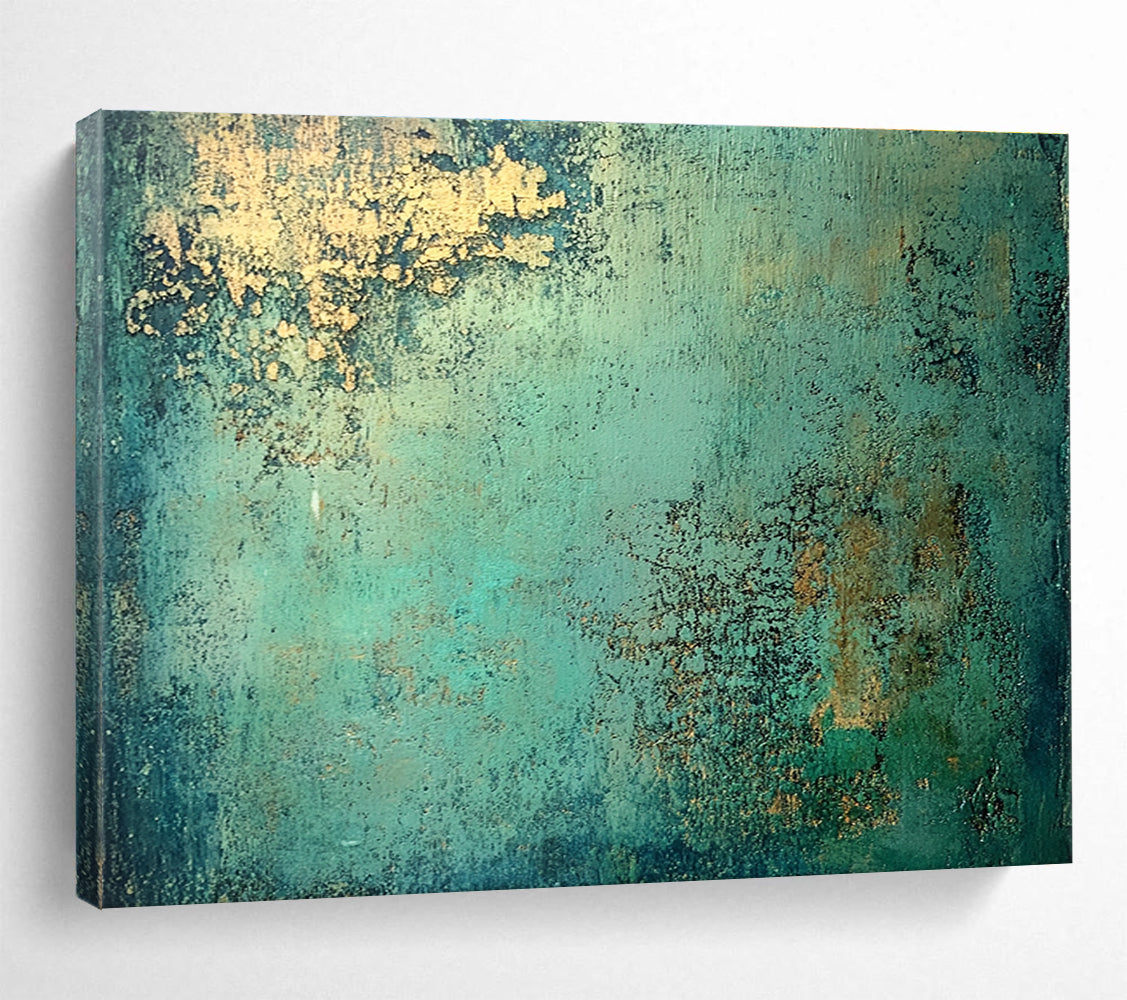 An abstract painting highlighting molten copper with a vibrant patina of green and blue, inspired by the style of Jeremy Mann.SC593