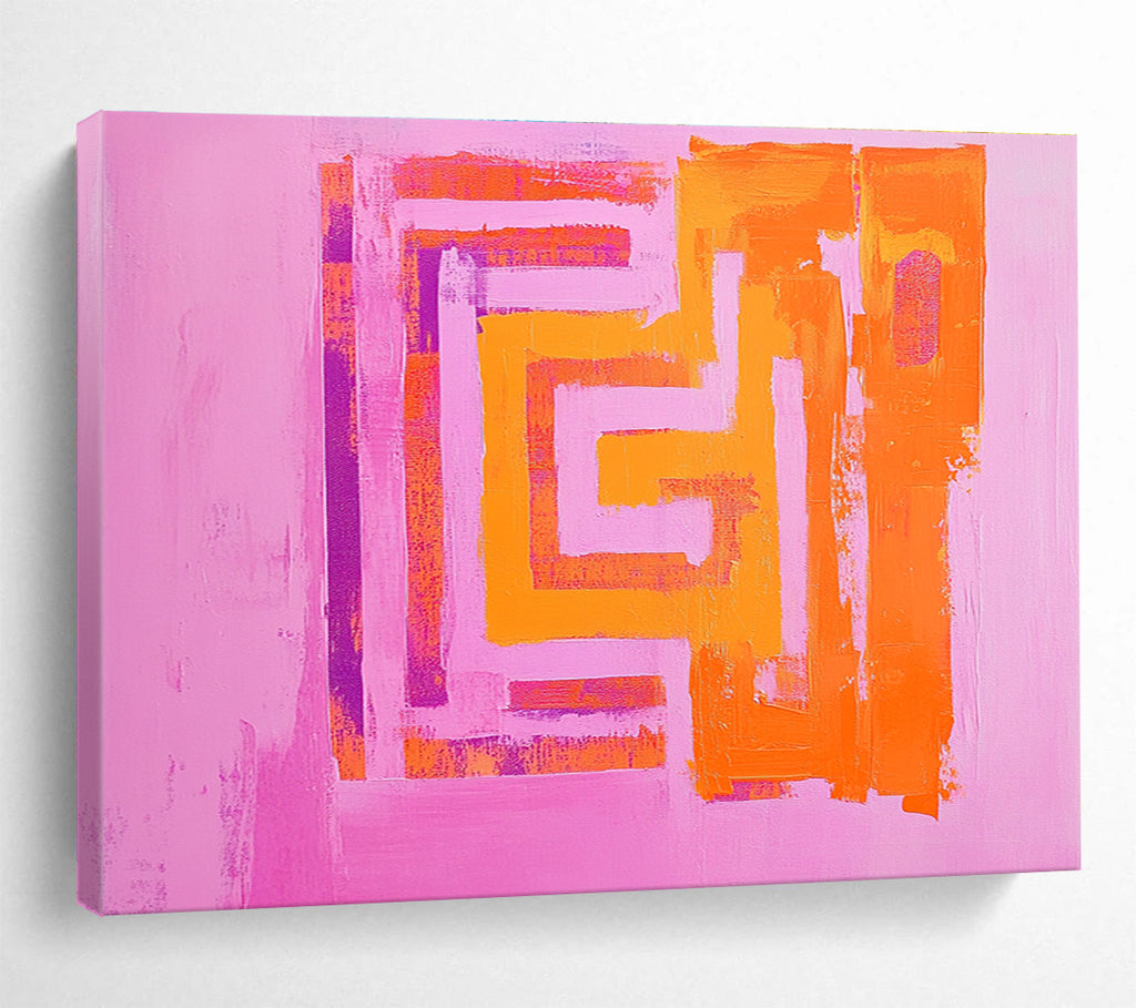 Pink Background Geometric Abstract Painting with Orange and Purple Shapes DYP130