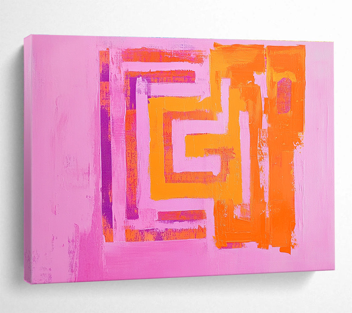 Pink Background Geometric Abstract Painting with Orange and Purple Shapes DYP130