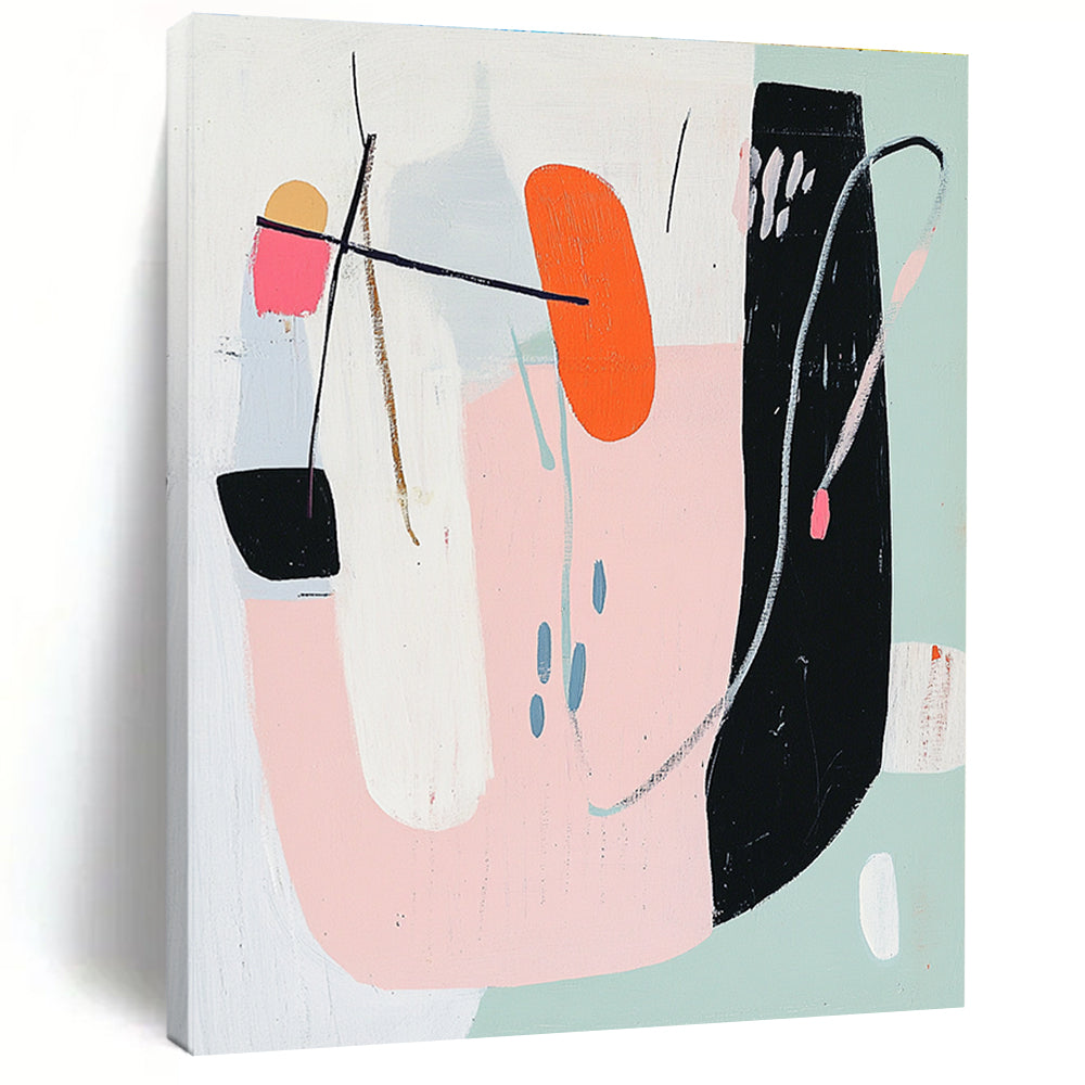 Abstract painting with bold geometric shapes in pastel pink white sage green orange and blue on a white background in mid-century modern style.STSC614