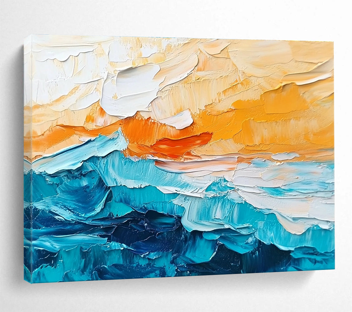 Textured Orange and Blue Waves Abstract Seascape Painting DYP291