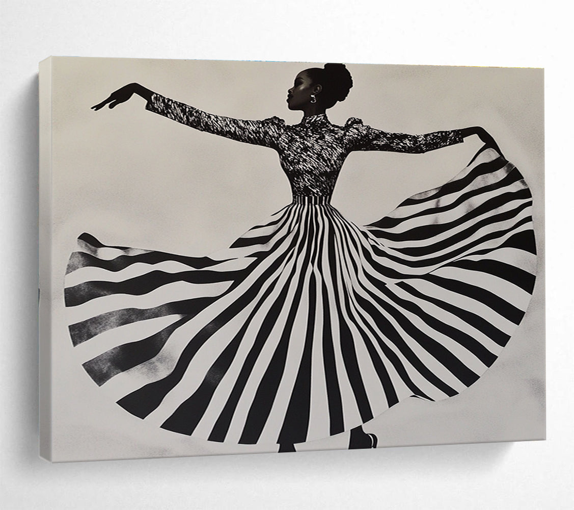 An abstract painting featuring a woman in a striped dress twirling, capturing movement and texture against a light gray background.SC426