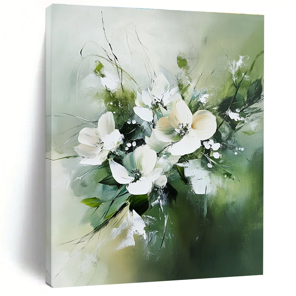 Large abstract painting featuring white flowers and green leaves in neutral tones against a soft green blurry background.STSC365