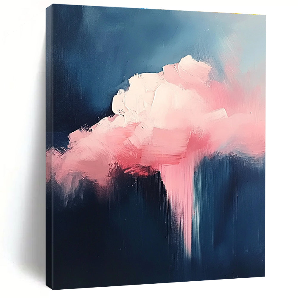 Large abstract painting featuring a pink cloud against a minimalist dark blue background with bold brush strokes.STSC671