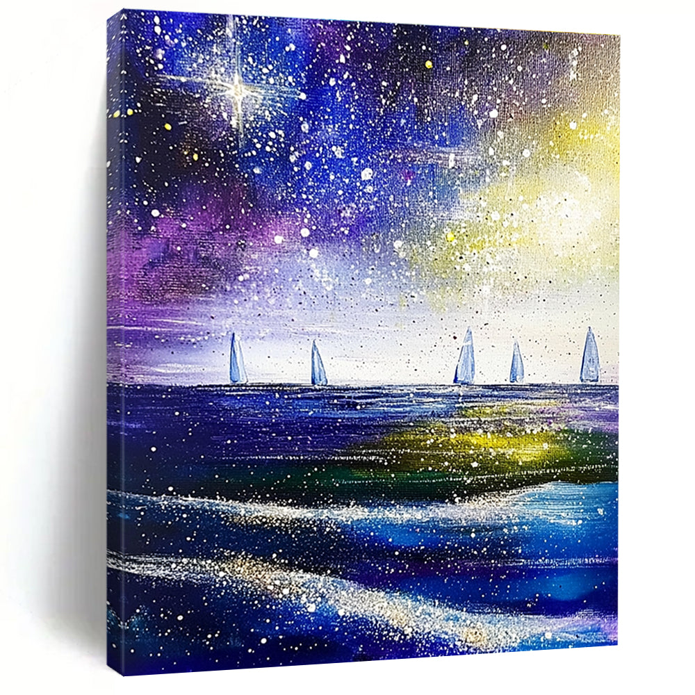 Large abstract painting of the sea and sky featuring stars and distant sailboats in vibrant shades of purple blue green and white.STSC852