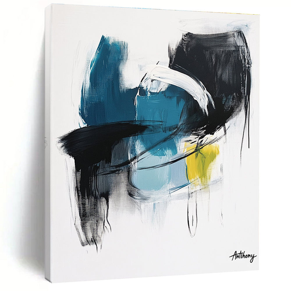 Large abstract painting in blue black and white tones with yellow accent by Anthony evoking calmness and serenity through soft brush strokes and thick lines.STSC1068