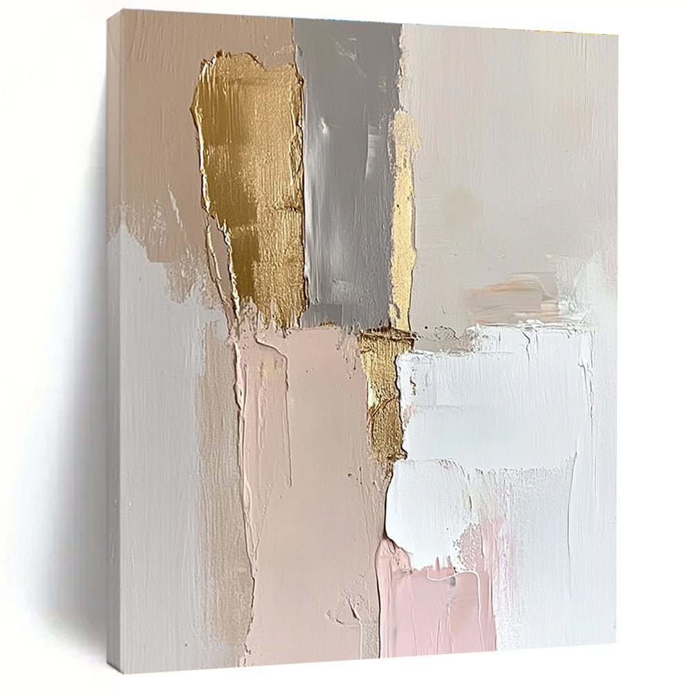 Large abstract oil painting featuring an elegant wall in white and gold with thick strokes and pastel tones enhanced by gold leaf accents.STSC147