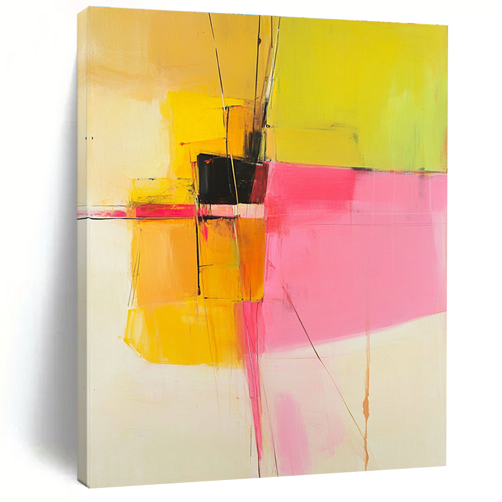 Yellow Pink and Black Abstract Painting with Geometric Forms GER692