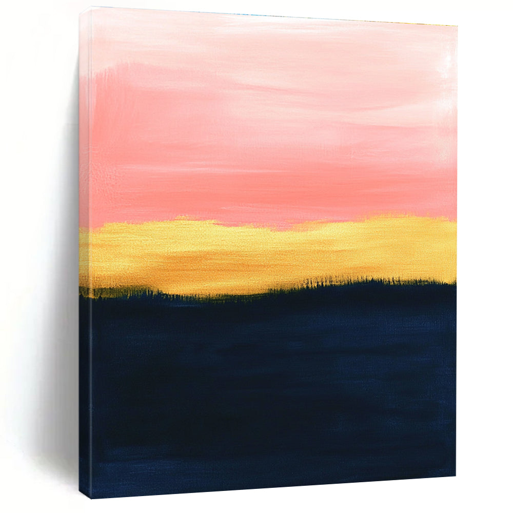 Large abstract painting with a pink sky navy blue ground and golden brown grass featuring soft pastel colors and minimalist design in oil on canvas.STSC1345