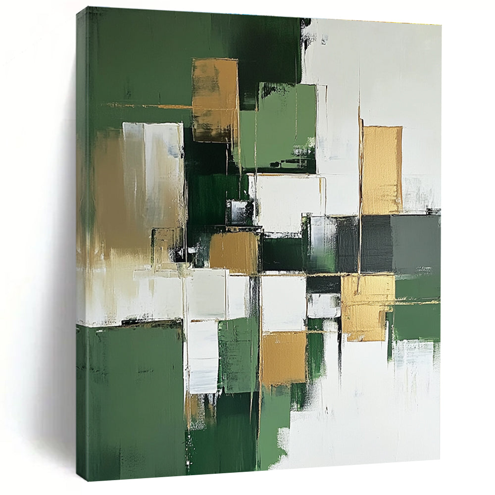 Large abstract painting in green and white with minimalist gold accents creating a striking focal point for any space.STSC611