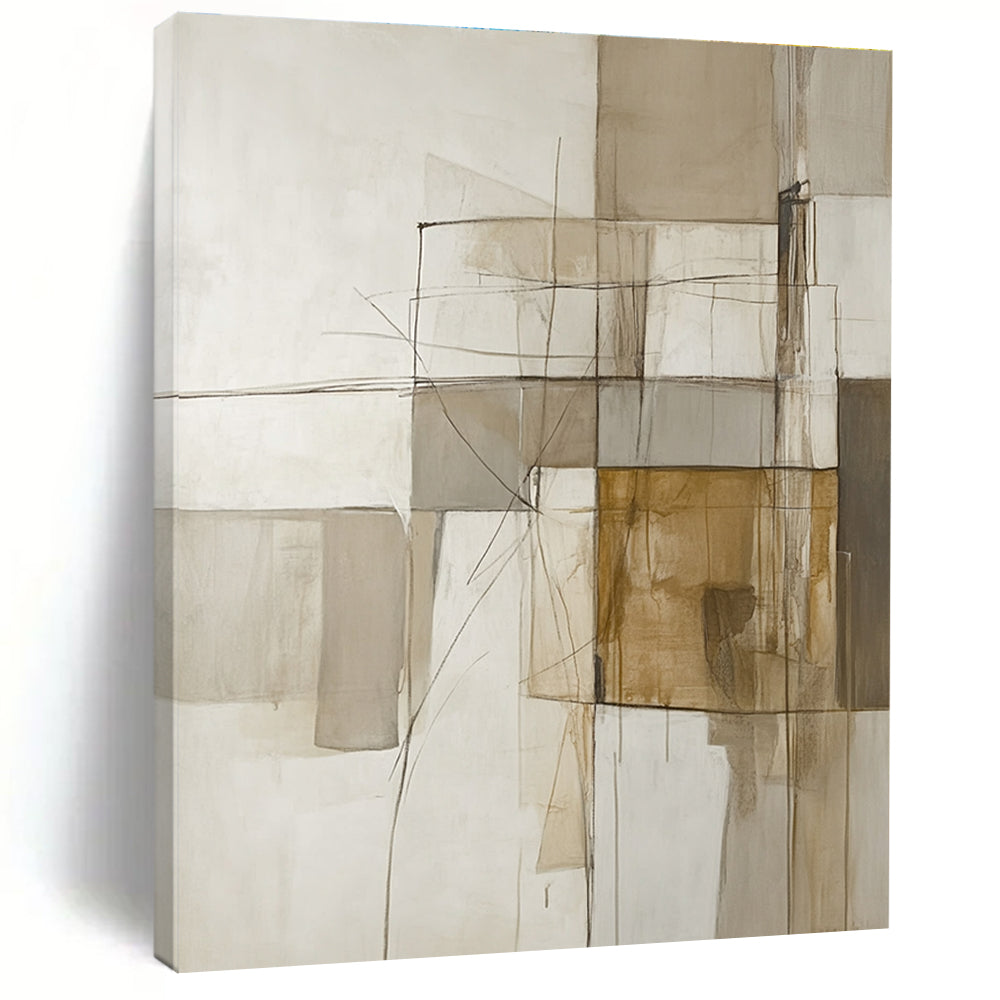 A large abstract painting of an architectural structure in soft neutral tones featuring lines and shapes in beige white grey and brown.STSC638