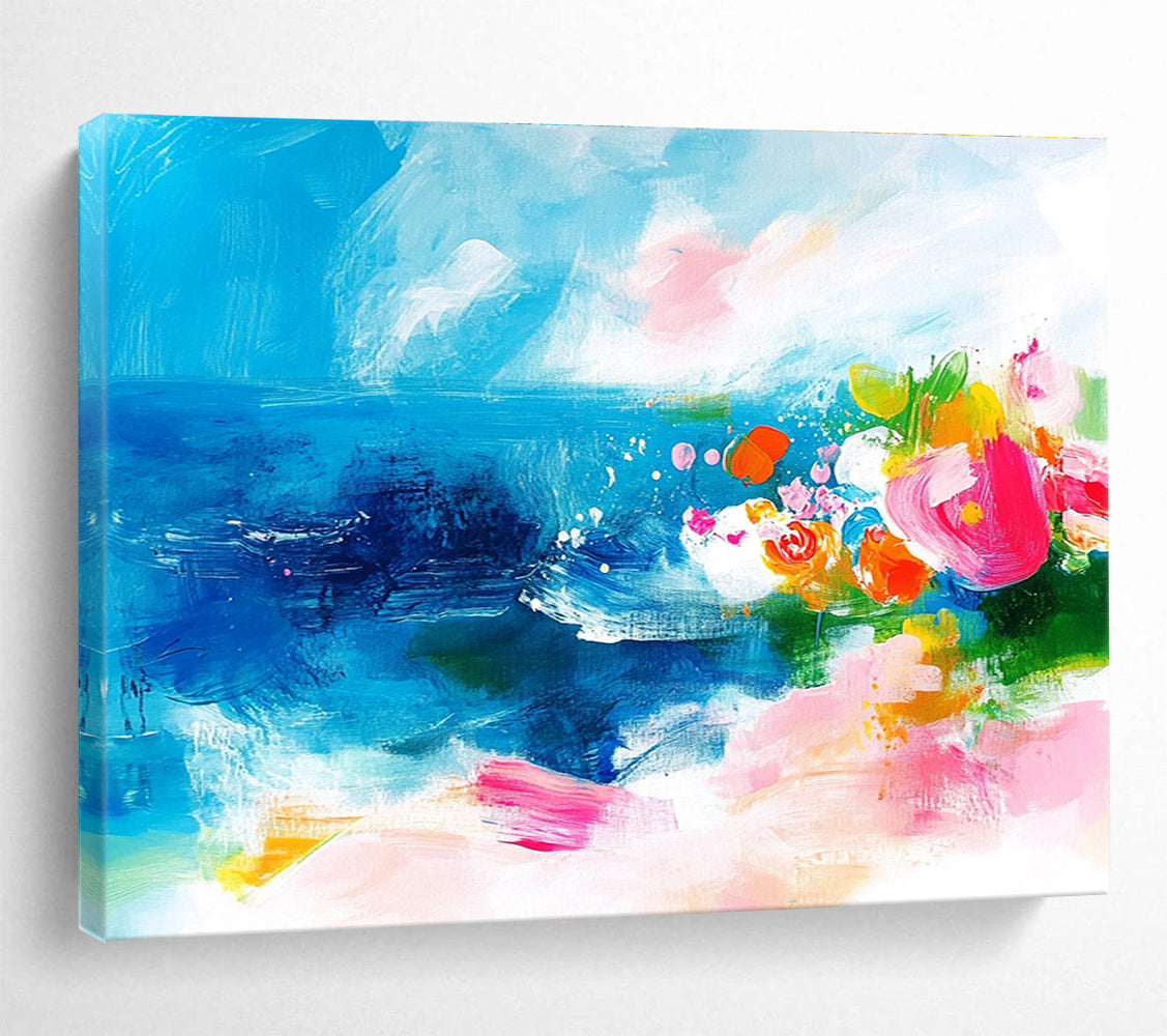 Large abstract painting of the ocean featuring bold brush strokes in pink blue green and orange with small flowers on a textured white background.SC363
