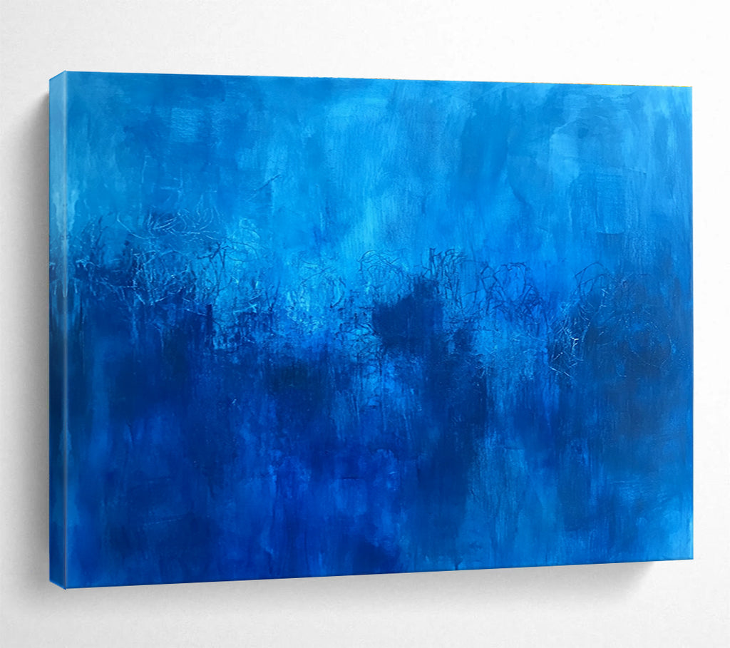 Abstract blue painting featuring deep blue hues and minimalist underwater elements inspired by Le Pho.SC036
