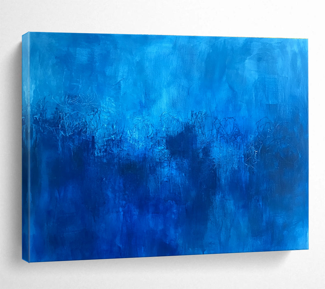 Abstract blue painting featuring deep blue hues and minimalist underwater elements inspired by Le Pho.SC036